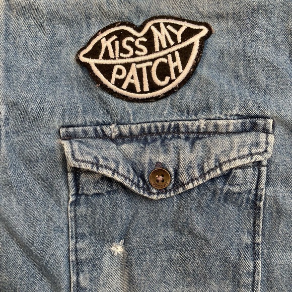 Zara denim shirt patches distressed unisex large button up boho Zip Code 1992 - Picture 10 of 13